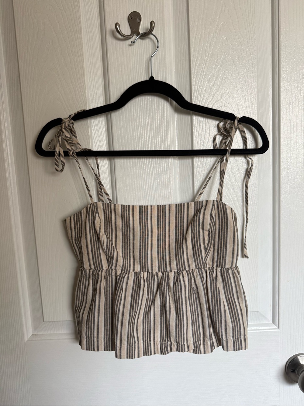 Dynamite Striped Tie-Shoulder Peplum Camisole - Beige/Black/Gray